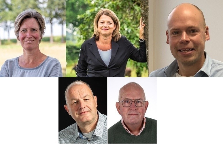 Portretfoto's van Monique van Schagen, Yvonne In ’t Veld, Niek Oude Scholten, Bert Aman en Piet Dolman